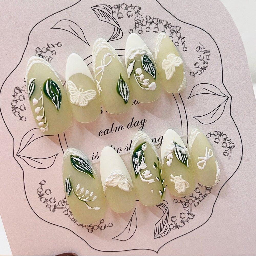 Green French nail, acrylic and press on nails, fake nails, butterfly, green leaf